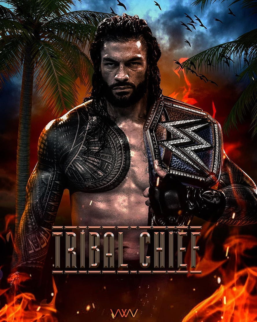 Roman Reigns Tribal Chief WWE Championship Poster with Fire and Palm Trees HD phone wallpaper