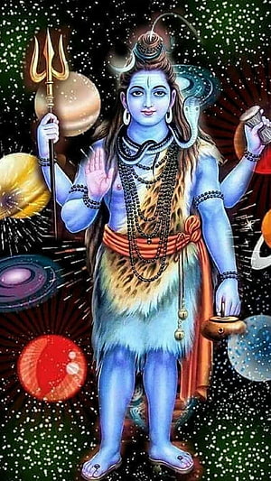 Lord Shiva Cosmic Deity Illustration with Trishula and Planets HD phone wallpaper