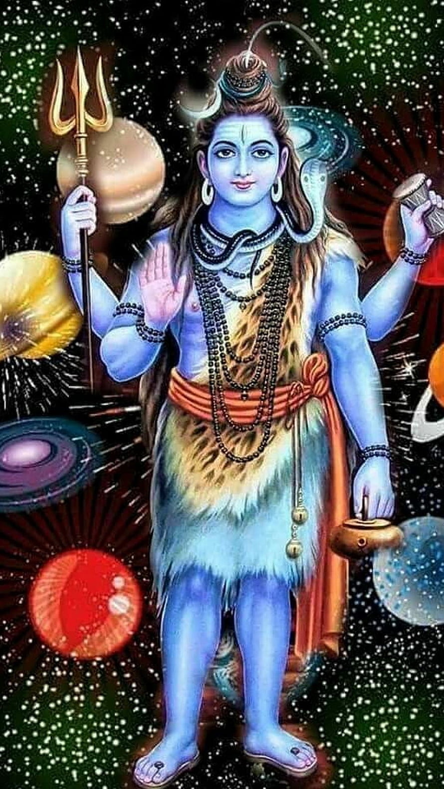 Lord Shiva Cosmic Deity Illustration with Trishula and Planets HD phone wallpaper