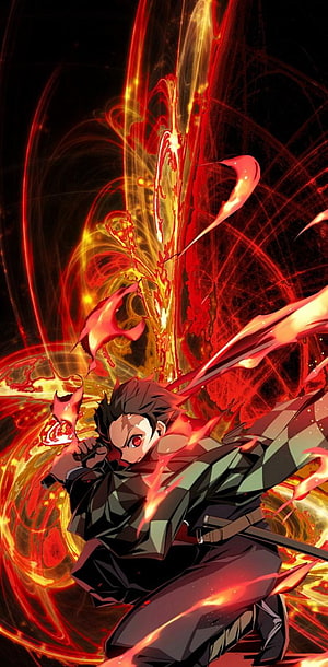 Tanjiro Kamado Unleashing Sun Breathing Flame Attack in Demon Slayer Anime HD phone wallpaper