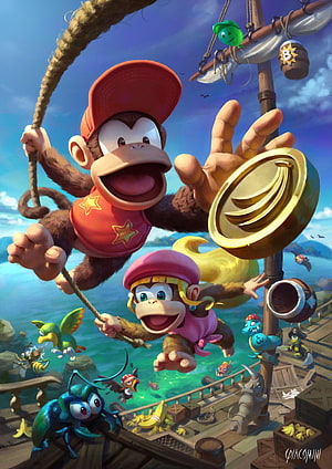 Donkey Kong and Diddy Kong Swinging on a Pirate Ship in Vibrant 3D Art HD phone wallpaper