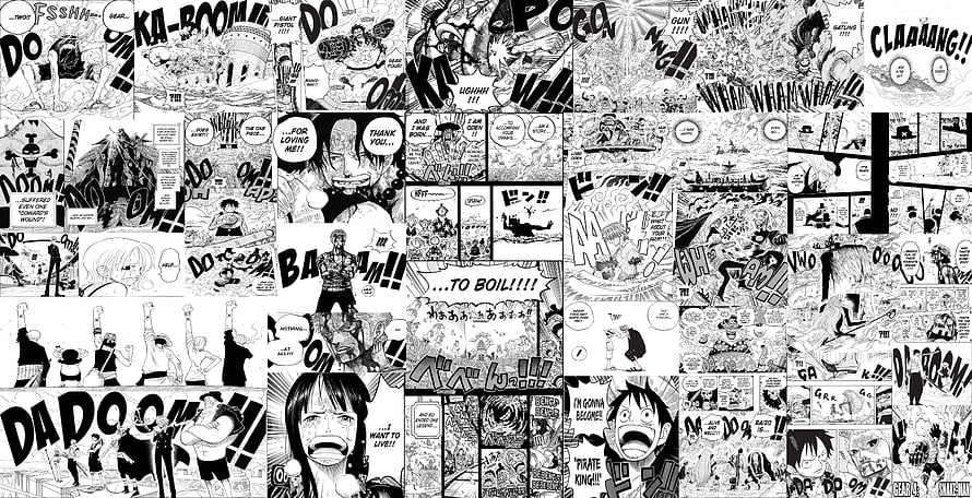 One Piece Manga Panel Collage Featuring Iconic Black and White Scenes HD wallpaper