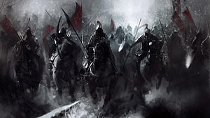 Dark Fantasy Cavalry Charge in Snowy Battle Scene HD wallpaper