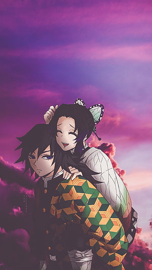 Giyu Tomioka and Shinobu Kocho from Demon Slayer in a Tender Embrace Against a Violet Sky HD phone wallpaper