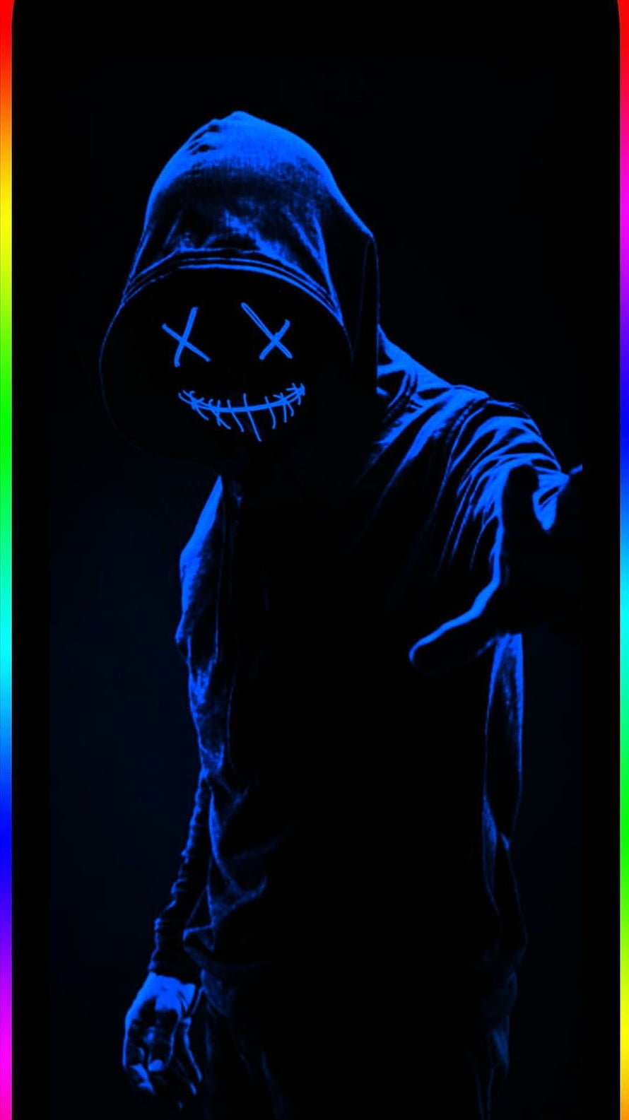 Slenderman Glowing Blue Mask in Dark Hoodie with RGB Border HD phone wallpaper