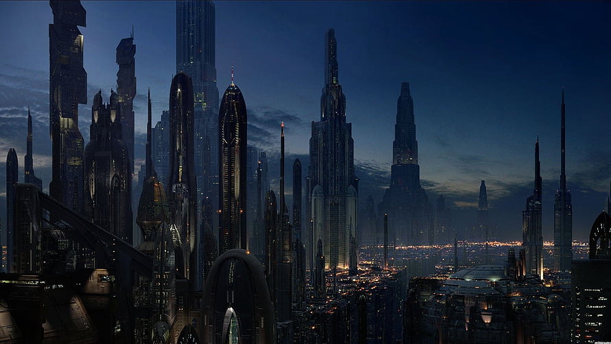 Dystopian Sci-Fi Cityscape at Dusk with Towering Skyscrapers and Neon Lights HD wallpaper