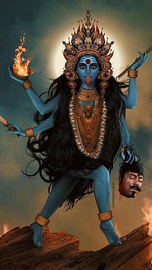 Maa Kali Fierce Blue Goddess with Skull Crown and Fire in Hand HD phone wallpaper