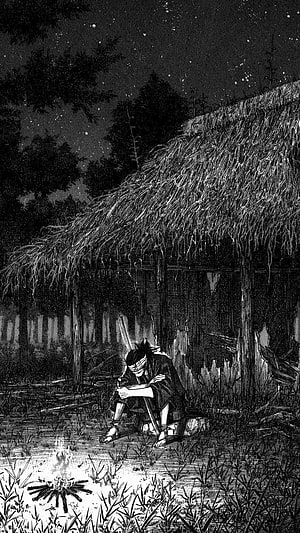 Miyamoto Musashi Sitting Alone by a Campfire at Night in Vagabond Manga HD phone wallpaper