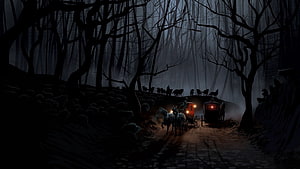 Horse-Drawn Carriage on a Moonlit Forest Path Surrounded by Wolves HD wallpaper