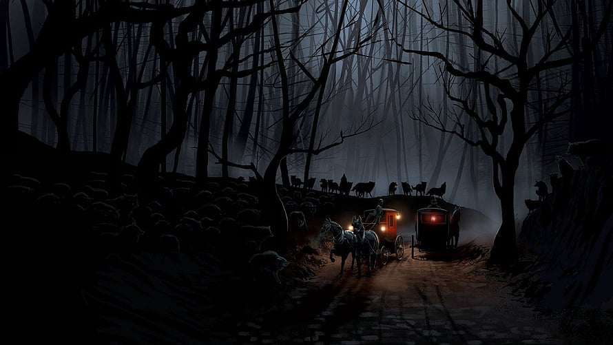 Horse-Drawn Carriage on a Moonlit Forest Path Surrounded by Wolves HD wallpaper