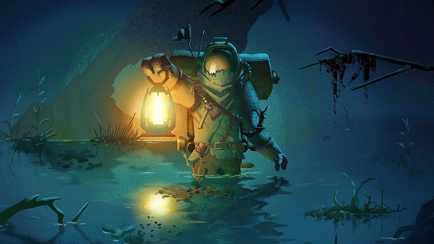 Outer Wilds astronaut exploring a dark alien swamp with a glowing lantern HD wallpaper