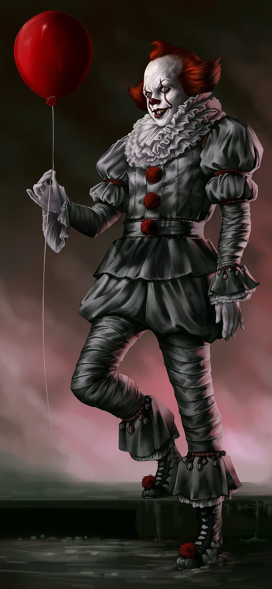 Pennywise the Dancing Clown in Dark Costume Holding a Red Balloon HD phone wallpaper