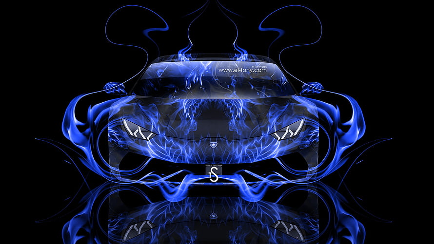Lamborghini Huracan Front View Wrapped in Electric Blue Neon Flames on Black Background HD wallpaper