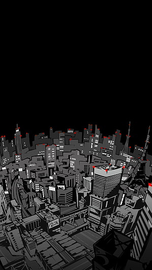 Persona 5 Monochrome Cityscape with Red Accents and Dark Sky HD phone wallpaper