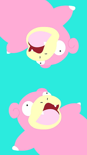 Cute Pink Slowpoke Pokemon Fanart on Vibrant Teal Background HD phone wallpaper
