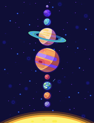 Kurzgesagt Style Solar System Planets Vertical Illustration on Dark Space Background HD phone wallpaper