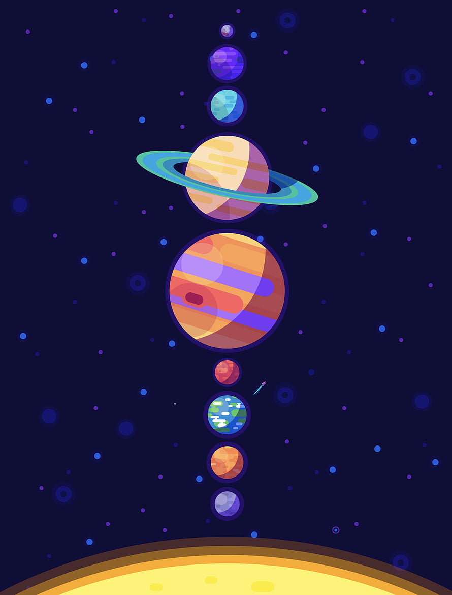 Kurzgesagt Style Solar System Planets Vertical Illustration on Dark Space Background HD phone wallpaper