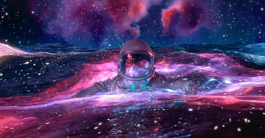 Surreal Astronaut Floating in a Cosmic Nebula Ocean with Vibrant Purple and Pink Hues HD wallpaper