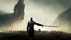 Lone Knight in Full Plate Armor Standing on a Desolate Battlefield with Army Banners HD wallpaper