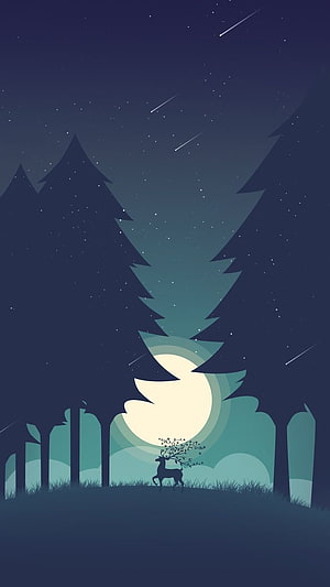 Minimalist Night Forest with Deer Silhouette and Full Moon HD phone wallpaper