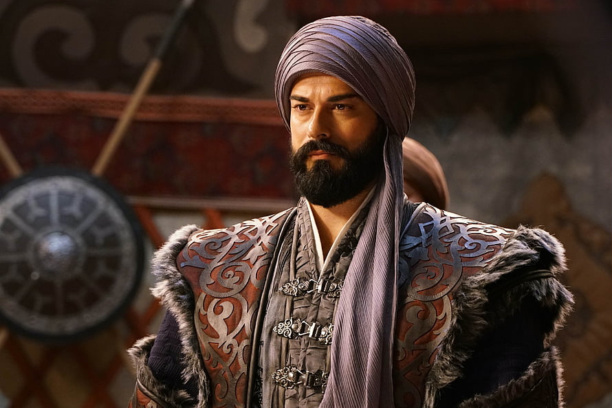 Ertugrul from Kurulus Osman in ornate medieval warrior attire with fur-trimmed armor and turban, Kurulus Osman, Ertugrul HD wallpaper