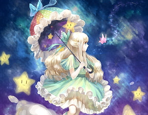 Anime Girl in Green Dress Holding a Starry Umbrella Under a Cosmic Night Sky HD wallpaper