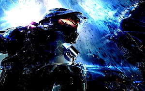 Halo 5 Master Chief in Combat Armor Amidst Space Battle and Debris HD wallpaper