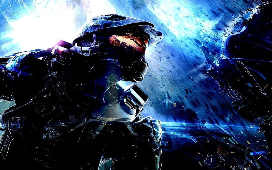 Halo 5 Master Chief in Combat Armor Amidst Space Battle and Debris HD wallpaper