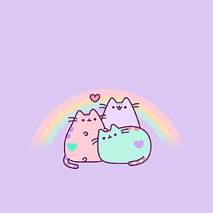 Pastel Pusheen Kawaii Cats with Rainbow and Hearts on Lavender Background HD phone wallpaper