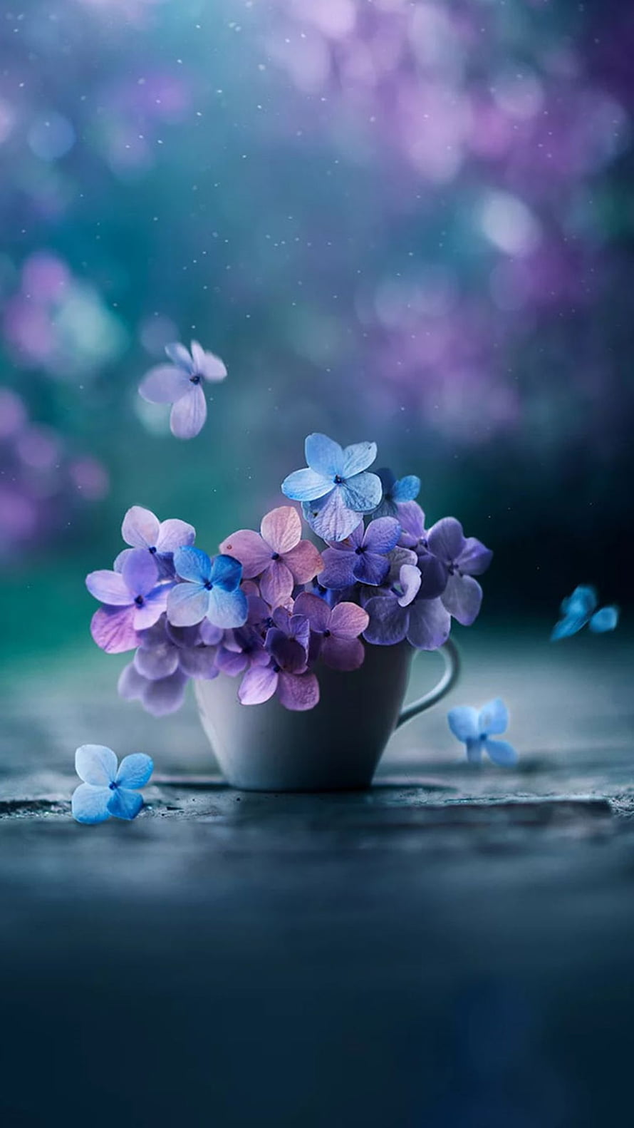 Dreamy Purple and Blue Hydrangea Bouquet in White Ceramic Cup with Soft Bokeh Background HD phone wallpaper