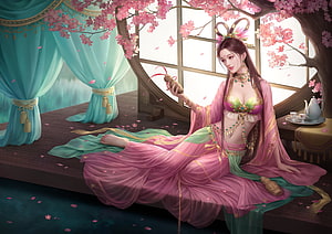 Elegant Fantasy Princess in Pink and Green Attire Under Cherry Blossoms HD wallpaper