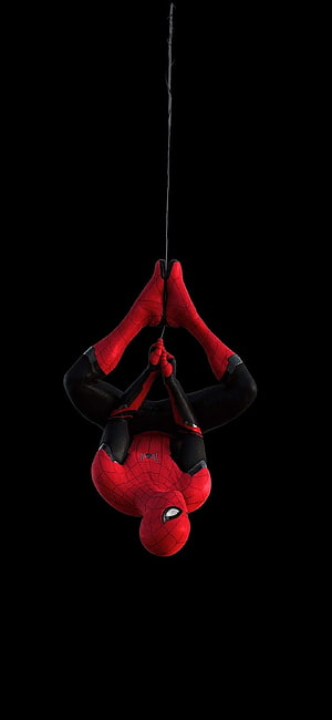 Spider-Man hanging upside down from a web against a black background in a red and black suit, Spiderman Amoled Samsung Galaxy Note 1080Ã2340, Spider Man Amoled HD phone wallpaper