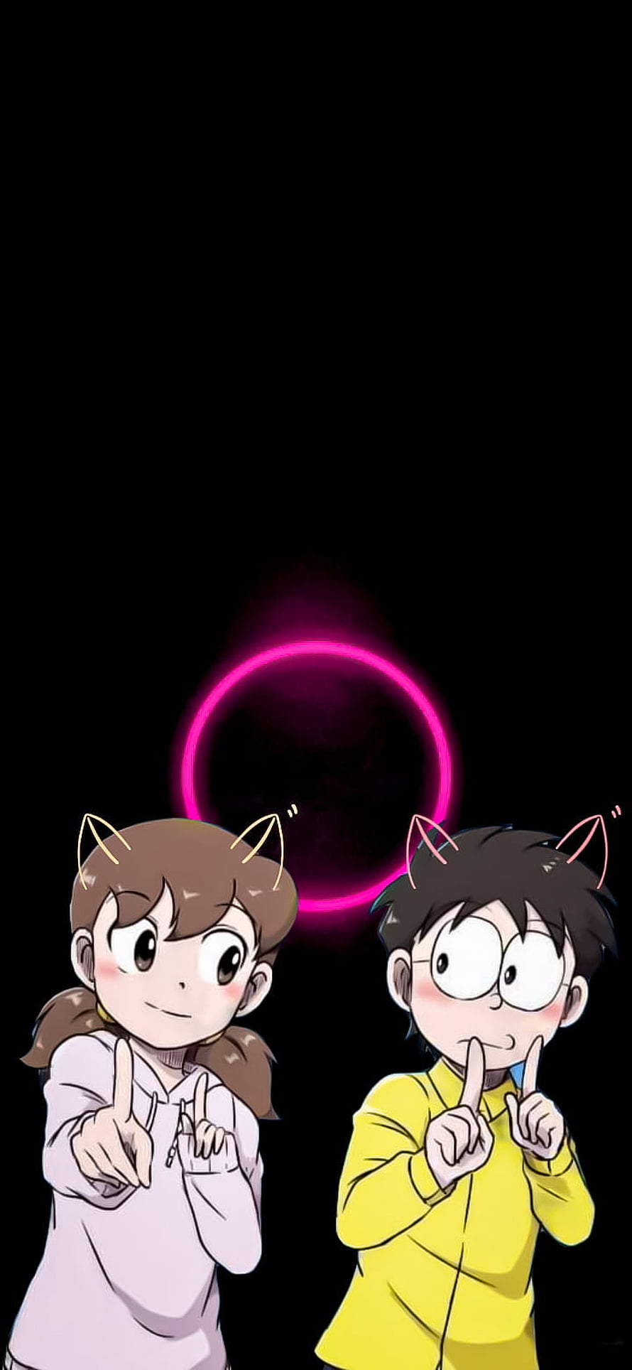 Nobita and Suzuka Anime Characters with Cat Ears and Neon Ring HD phone wallpaper