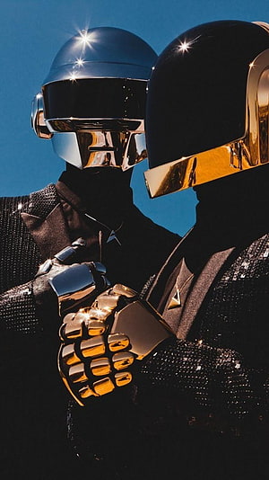 Daft Punk Chrome Robot Helmets and Metallic Hands Against Blue Sky HD phone wallpaper