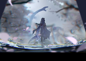 Raiden Shogun from Genshin Impact standing in misty water with cherry blossom petals and glitch effects HD wallpaper