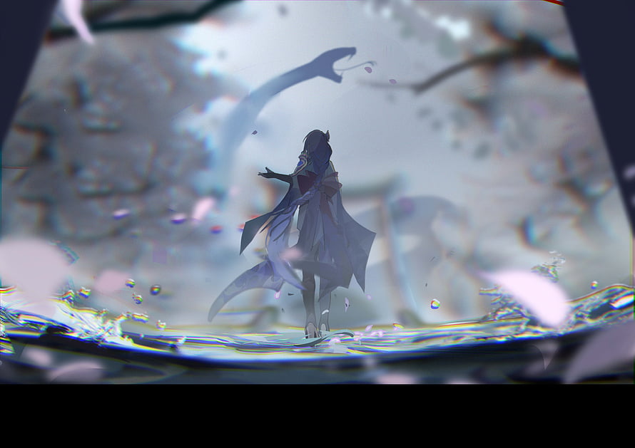 Raiden Shogun from Genshin Impact standing in misty water with cherry blossom petals and glitch effects HD wallpaper