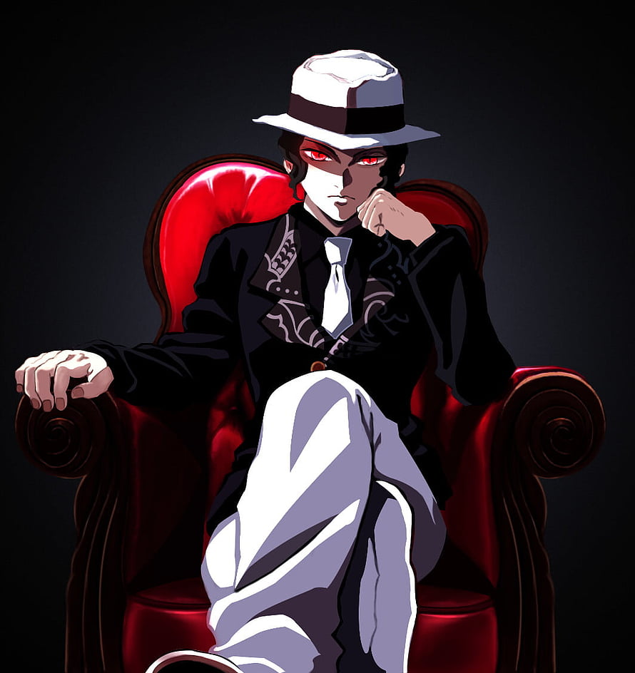 Kibutsuji Muzan from Demon Slayer Seated in a Red Armchair Wearing a White Fedora HD phone wallpaper