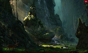 Lord Shiva Meditating in a Misty Jungle with Waterfalls and Deer HD wallpaper