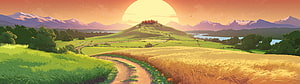 Serene Countryside Panorama with Winding Path and Snow-Capped Mountains at Sunset HD wallpaper