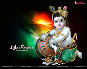 Little Krishna Stealing Butter from a Pot with Peacock Crown and Flute HD wallpaper
