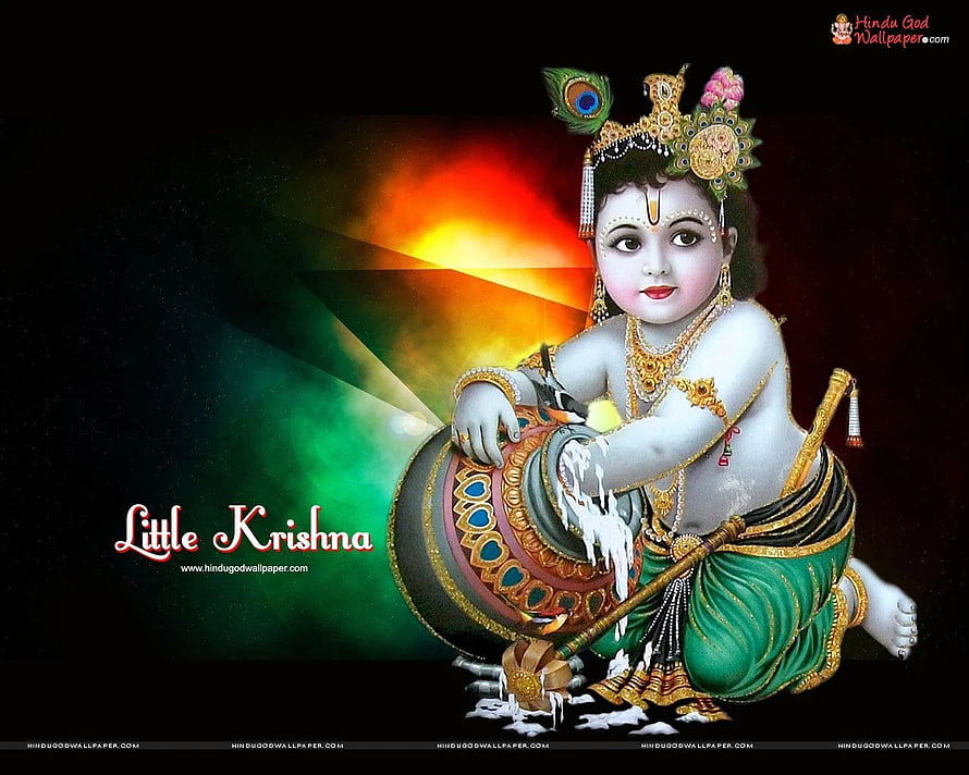 Little Krishna Stealing Butter from a Pot with Peacock Crown and Flute HD wallpaper