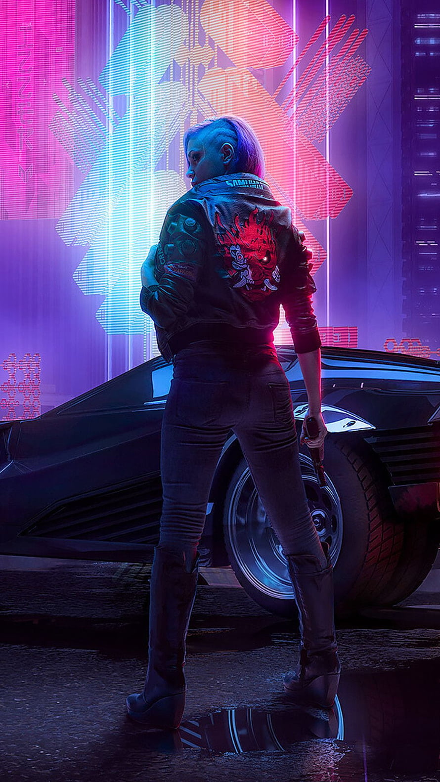 Cyberpunk 2077 Female Character Standing Beside Futuristic Car in Neon City HD phone wallpaper