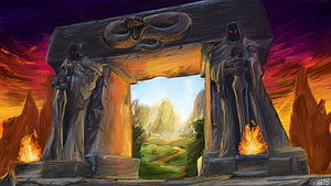 World of Warcraft Classic Login Screen Artwork Featuring Ancient Stone Gate and Fiery Torches HD wallpaper