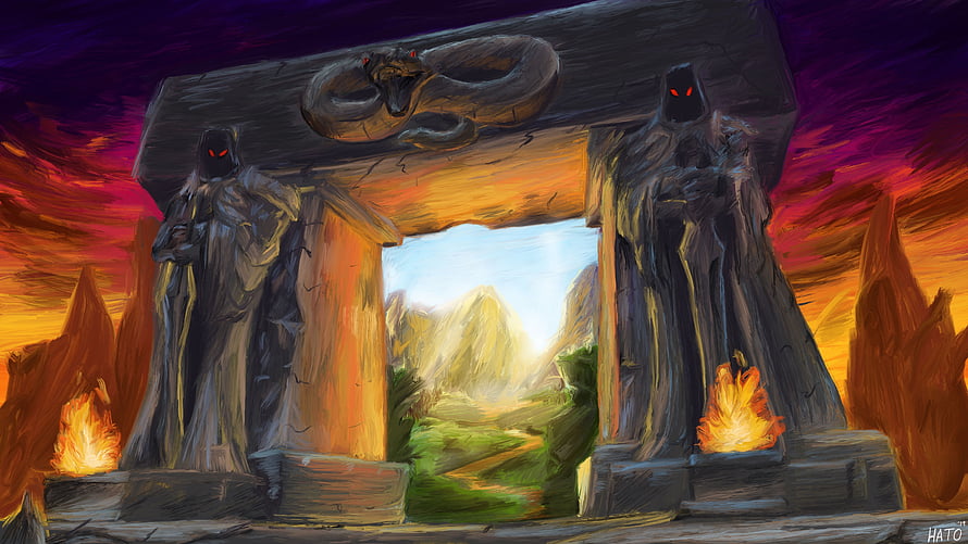 World of Warcraft Classic Login Screen Artwork Featuring Ancient Stone Gate and Fiery Torches HD wallpaper