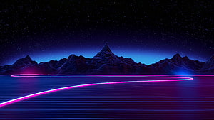 Neon Outrun Landscape with Glowing Grid and Starry Night Sky HD wallpaper
