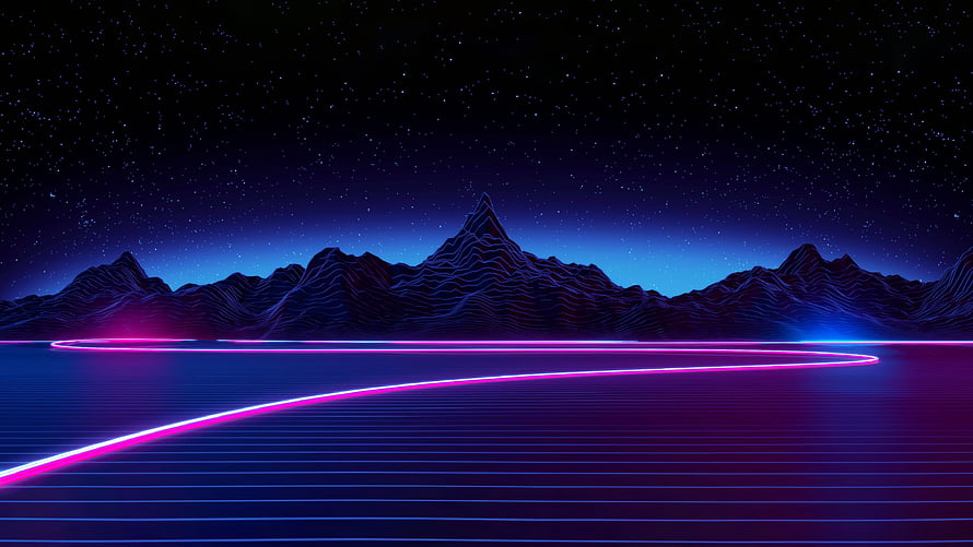 Neon Outrun Landscape with Glowing Grid and Starry Night Sky HD wallpaper