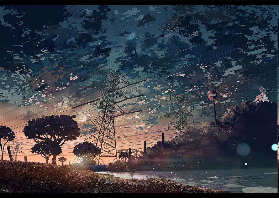 Anime Landscape with Power Lines and Twilight Sky HD wallpaper
