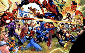 Marvel Avengers and X-Men Team-Up Comic Book Battle Scene Illustration HD wallpaper
