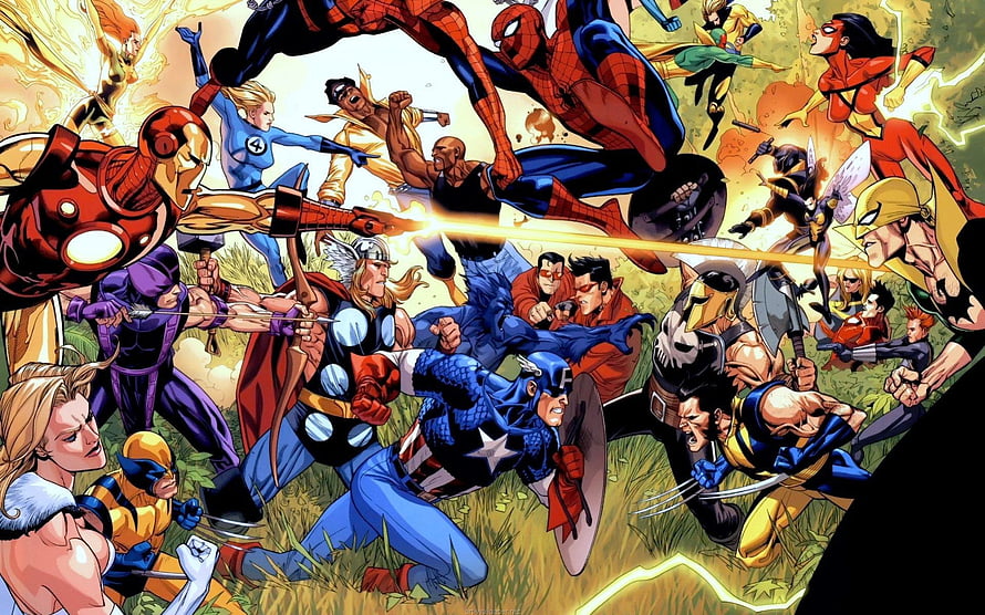 Marvel Avengers and X-Men Team-Up Comic Book Battle Scene Illustration HD wallpaper