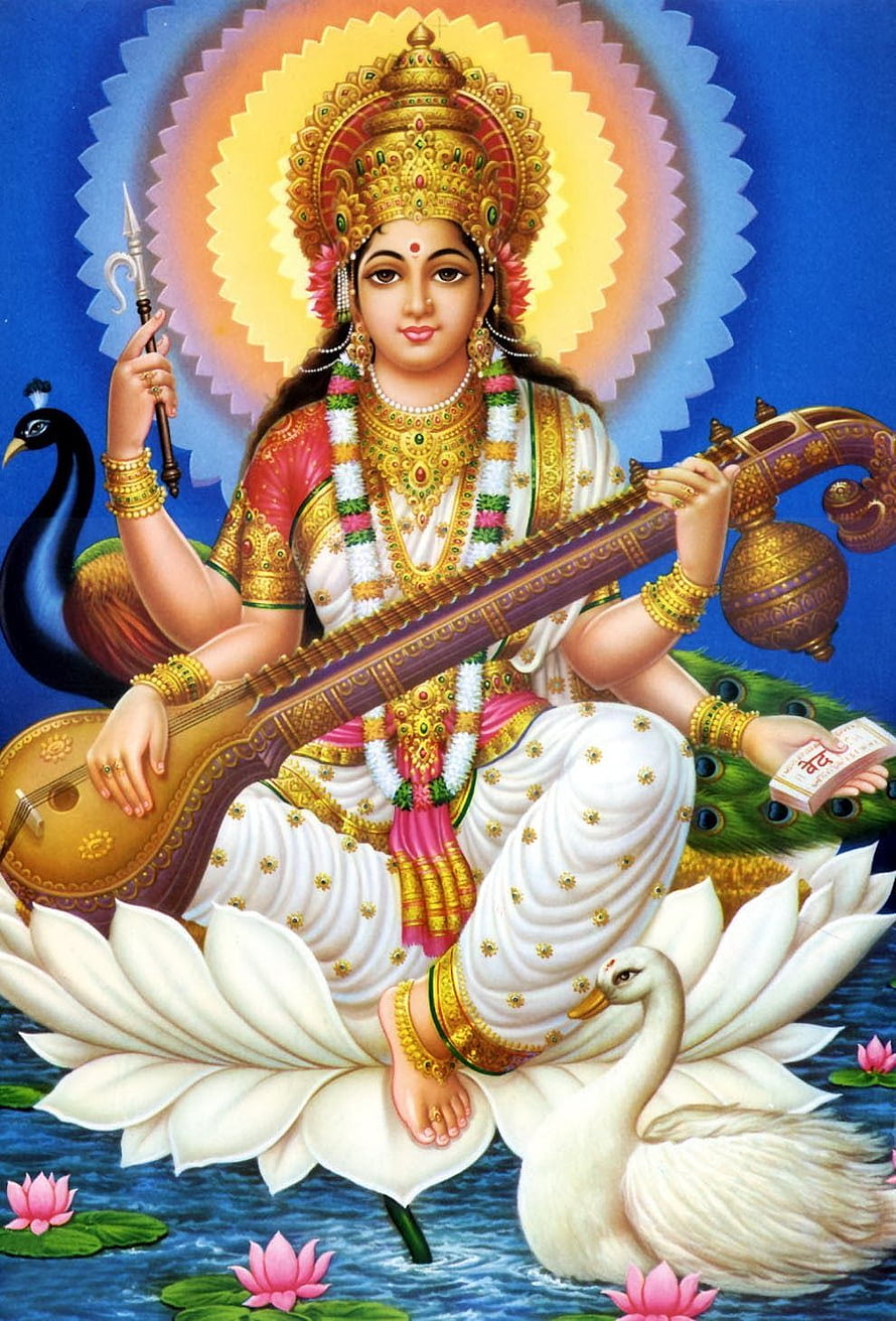 Goddess Saraswati Playing Veena on Lotus with Peacock and Swan HD phone wallpaper